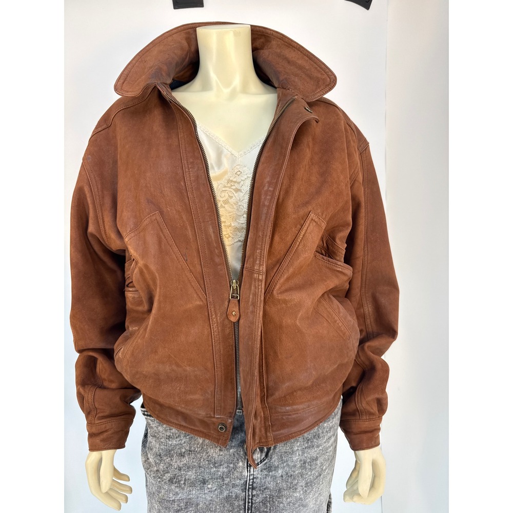 Vintage Brown‎ Leather Bomber Jacket Plaid Lined Full Zip Womens Large